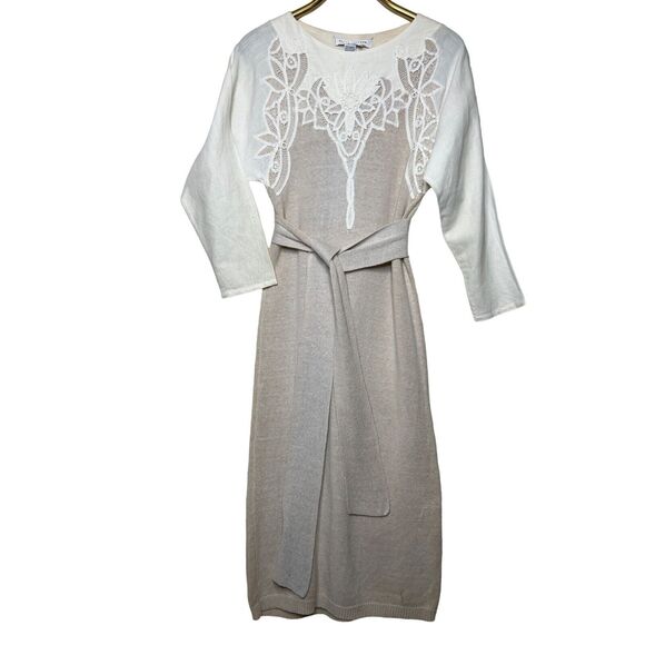 Vintage Nancy Johnson Knits Size Small Cream Sweater Dress Battenburg Lace Trim - Picture 1 of 11